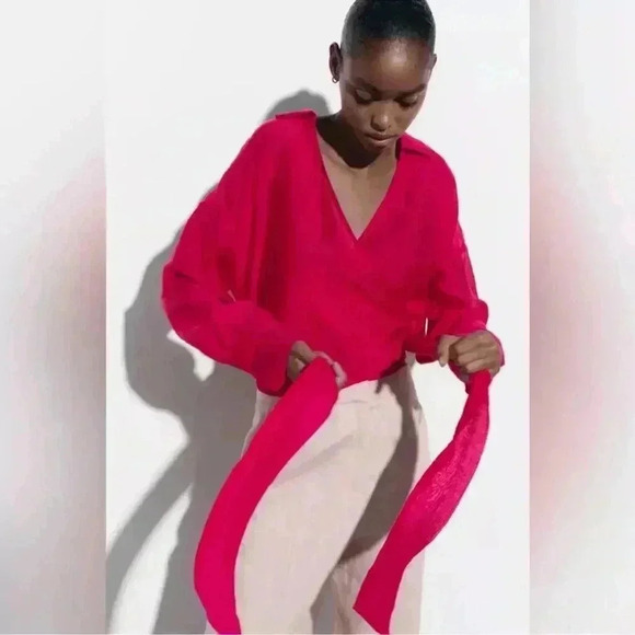 Zara Hot Pink Tie Front Wrap Top Size Small - Picture 4 of 9